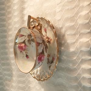 Napco China SD179 Hand Painted Iridescent Floral Tea Cup & Weaved Plate - A42